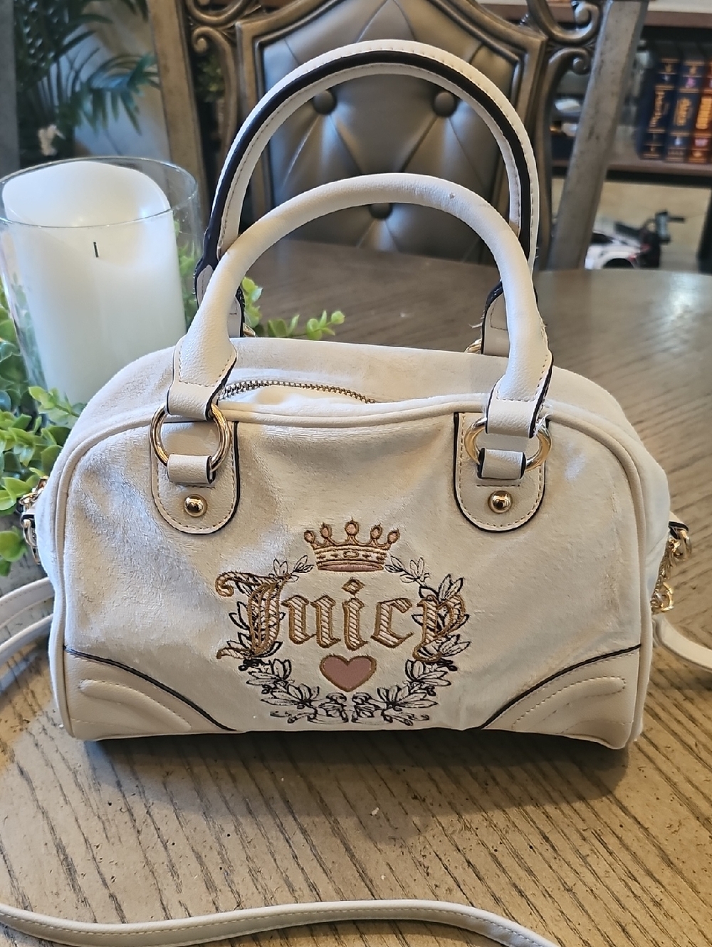 Juicy Couture Cream Embroidered Satchel Crossbody with Gold Accents